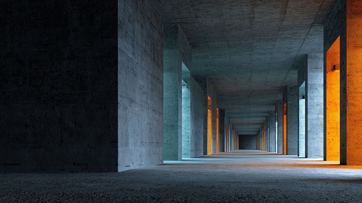 A vast brutalist museum corridor receding into deep perspective, each open doorway along the wall glowing in a different cold neon color