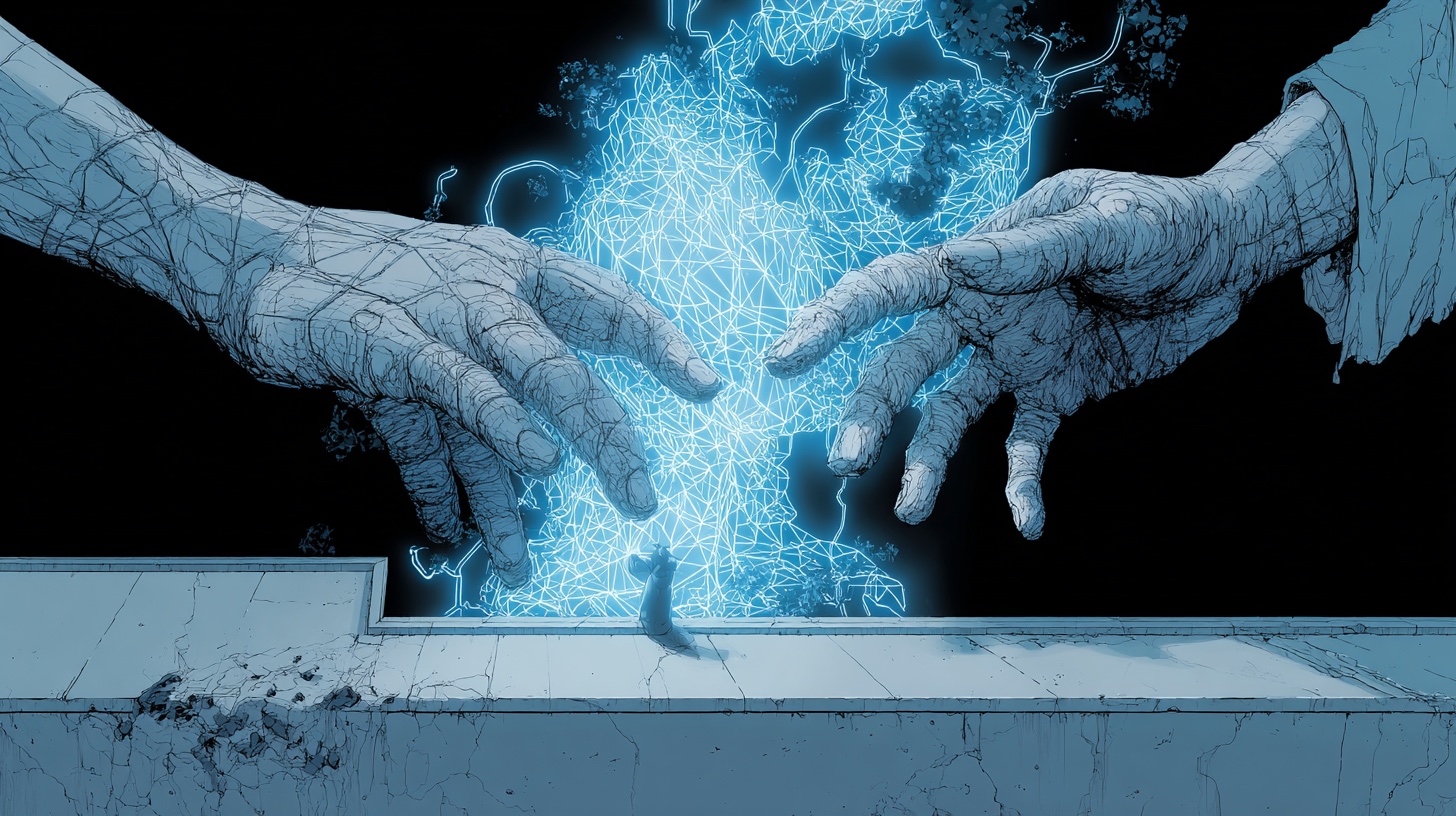 Two hands together carving a wireframe human figure that is slowly taking on substance