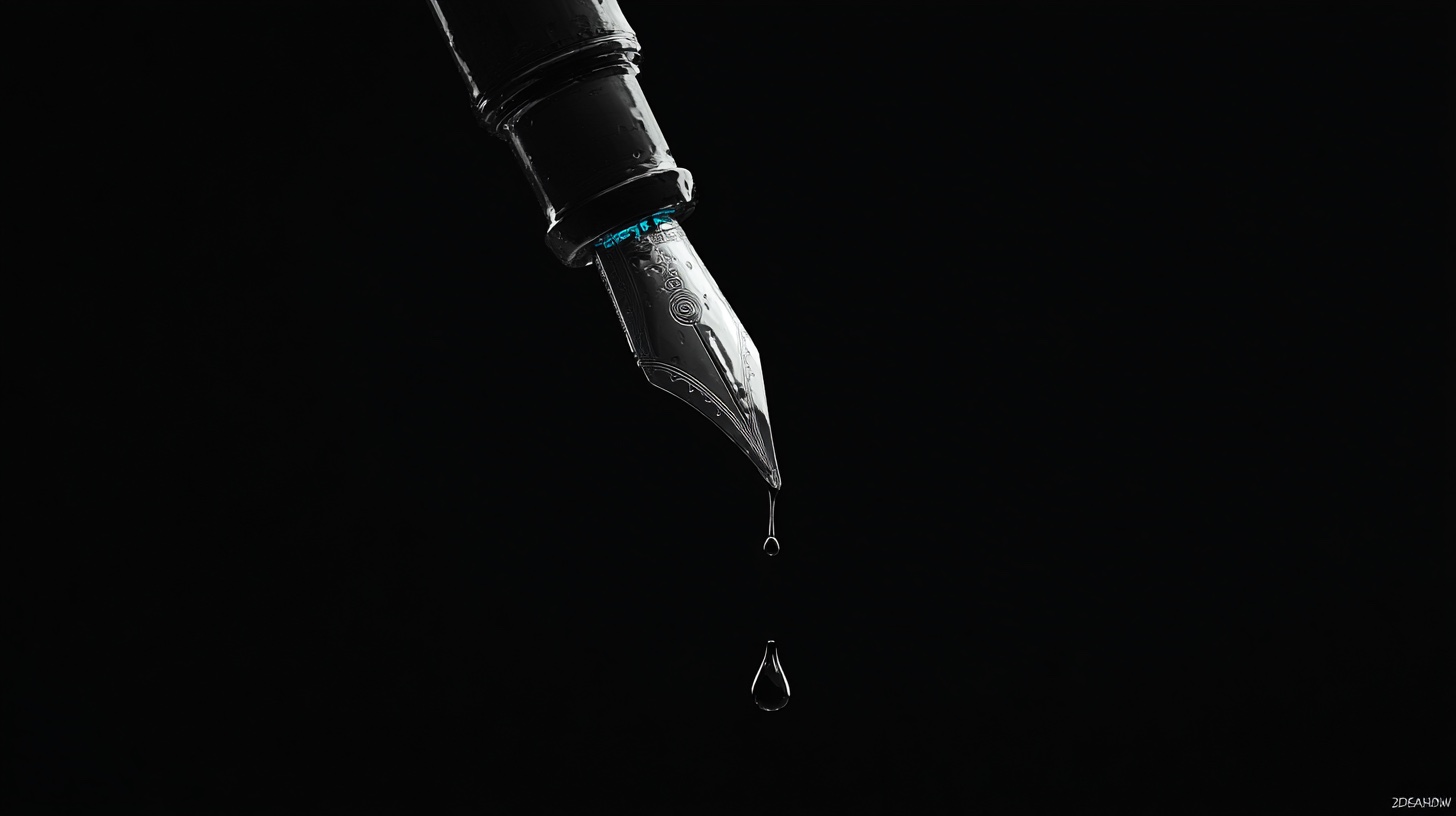 A single calligraphy brush suspended in dark void, ink dripping from its tip
