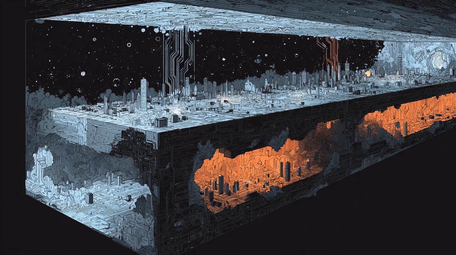 Geological cross-section of two stacked layers, the upper internet layer thin and bright, the lower CYBELYSIA layer thick and dark