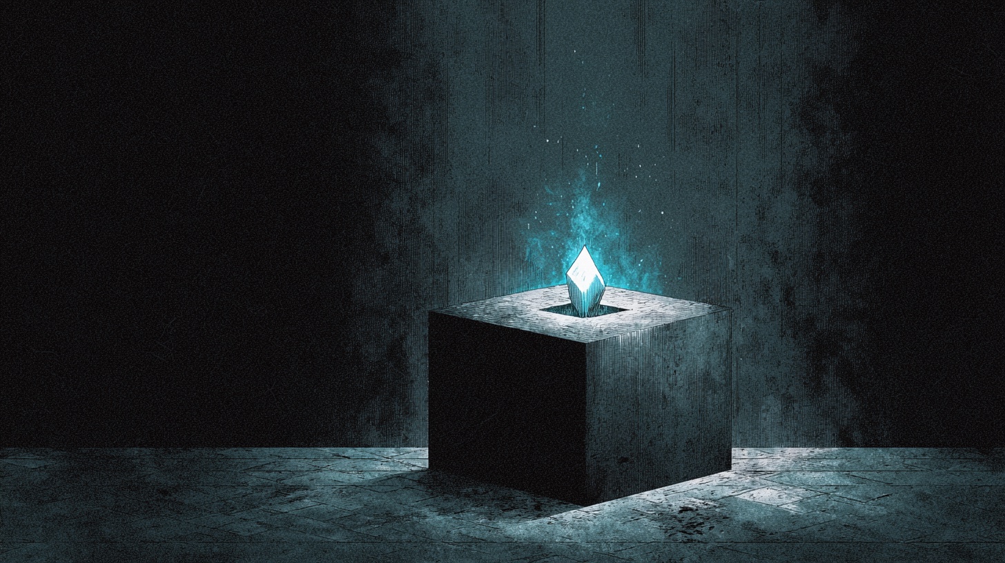 A small luminous crystal hovering above a massive black cube, blue light leaking from both