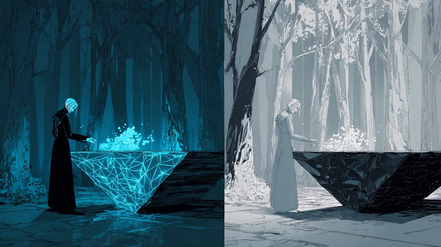 Split composition diptych — two figures sculpting the same form, mirrored across an axis of recognition